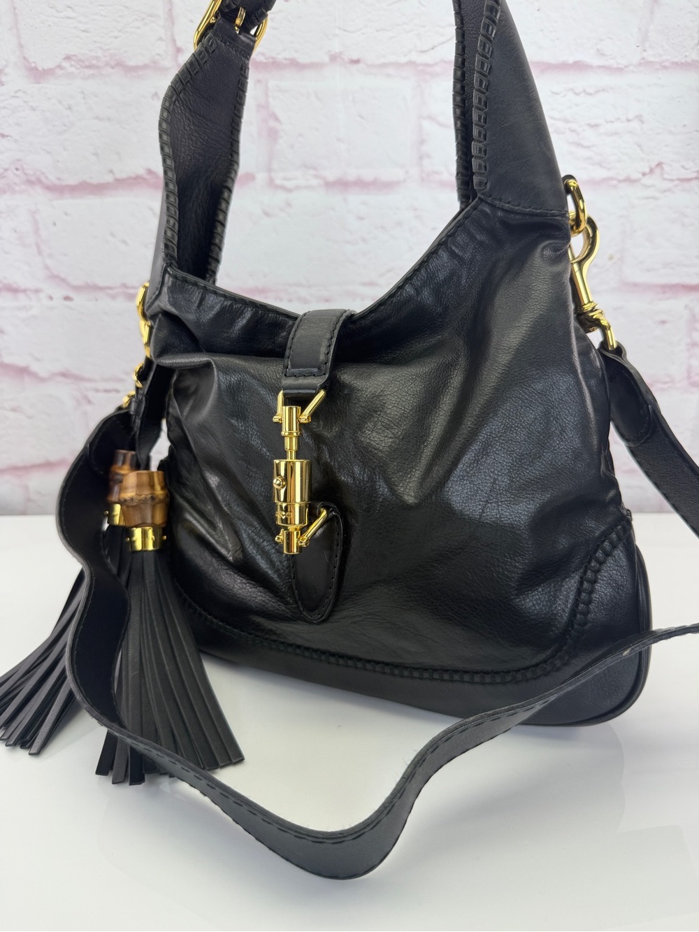 Gucci “New Jackie” Bamboo Small Black Leather Hobo Bag